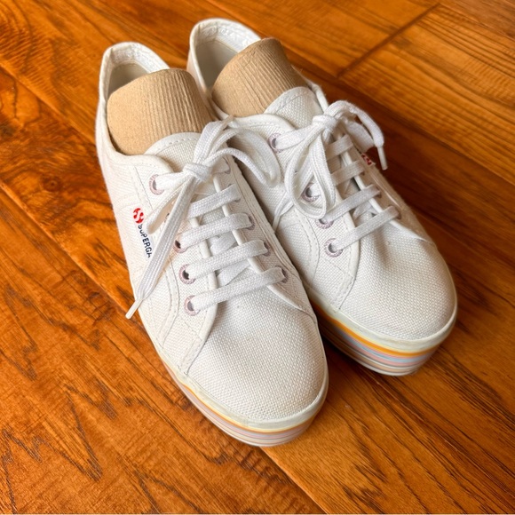 Superga White Multi Color Platform Rainbow Stripe Sneakers Size 6.5 - Picture 2 of 6